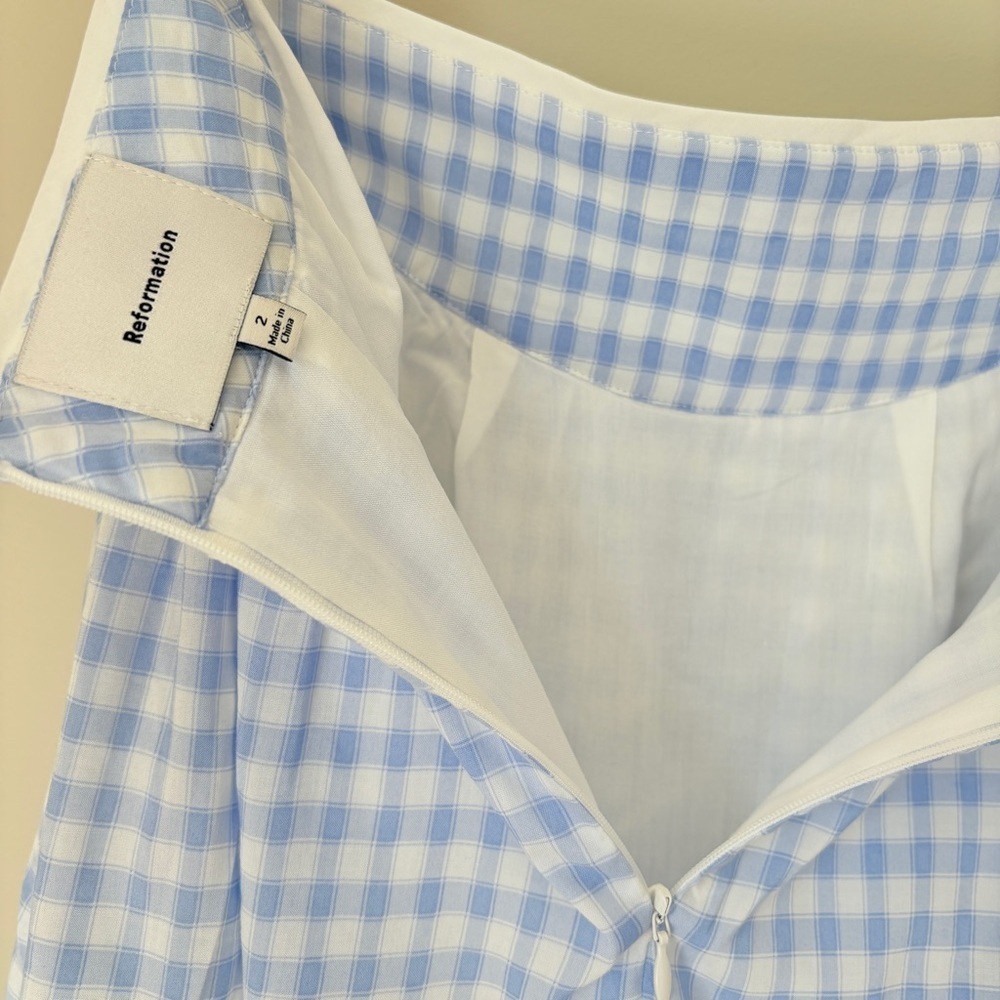 NEW Reformation Piper Mini Skirt Gingham Blue Crystal Check | US 2 UK 6 - Picture 7 of 9